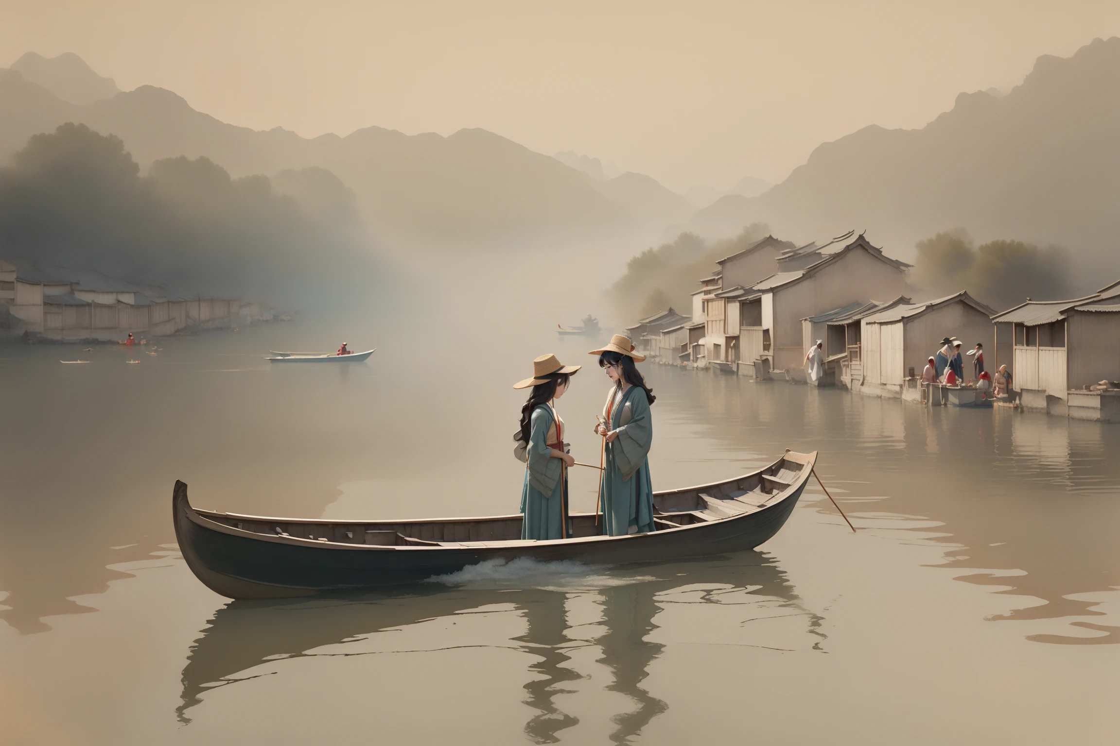 (1girl:1.2),Standing on a small boat,enjoying the beautiful scenery,human figures in traditional garb,interaction between humans and nature,gentle brushwork,tranquil mood,balanced layout,cultural heritage,Ink Wash Painting,
masterpiece,8k,incredibly_absurdres,best quality,<lora:guohua_20240130124050-000014:0.7>,