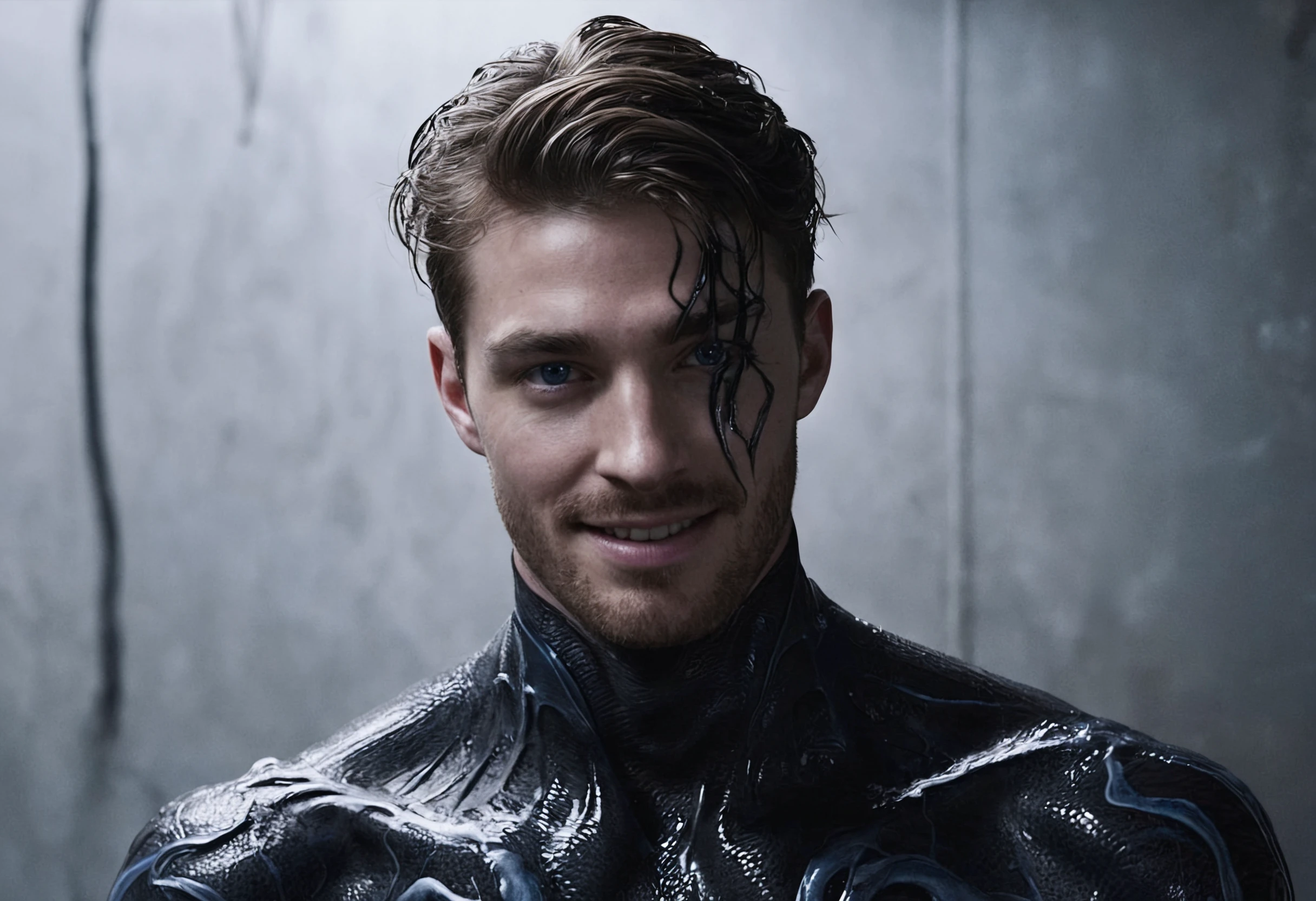 cinematic scene, film grain, cool light tones, AndrwTggrt transforming into Venom, male, symbiote strands spreading on face, fluid symbiote, looking at viewer, neutral expression, styled hair