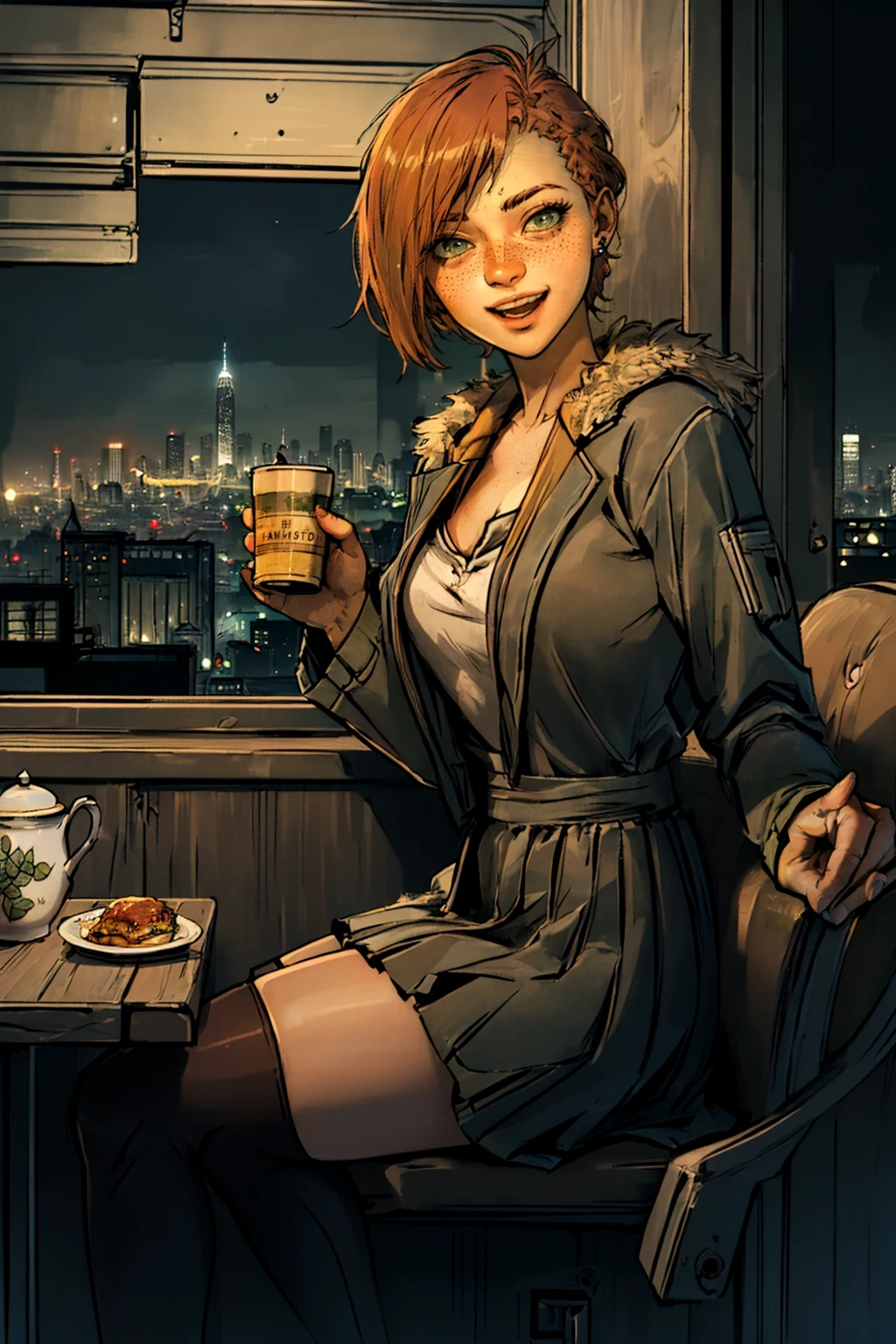 masterpiece, best quality, 8k uhd, dslr, high quality, <lora:MinervaTWDv1.1:0.8> minervatwd, 1girl, jewelry, red hair, freckles, looking at viewer, Urban City Skyline at Night, sitting, (tea, food:1.2), :D, happy, skirt, thighhighs