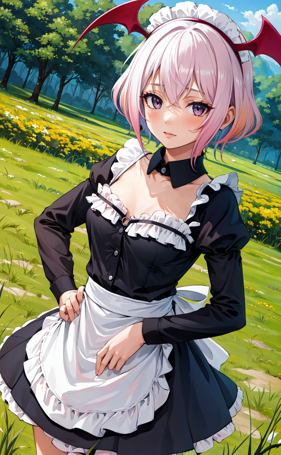 masterpiece, best quality, highres,
1girl, solo, purple eyes, white hair, pink hair, gradient hair, short hair, breasts, medium breasts, blush, demon girl,
maid, maid headdress, maid apron, long sleeves, puffy sleeves,
cowboy shot, looking at viewer, hands on hips, outdoors, forest, field, sky, blue sky, sunlight, grass, forest, <lora:LoRA_Succub:1>,