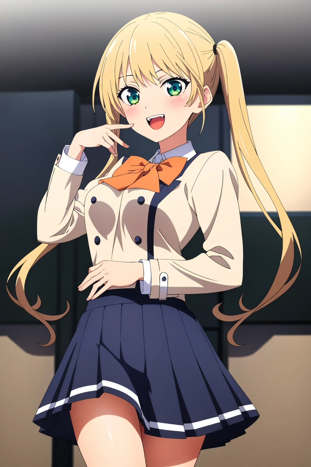 ((best quality)),((highly detailed)),masterpiece,absurdres,detailed face,beautiful face,(detailed eyes, deep eyes),1girl,((dynamic pose)) ,<lora:mirikaV1.4-000009:0.7>mirika, solo, blonde hair, twintails, green eyes, open mouth, skirt, smile, long hair, school uniform, breasts, looking at viewer, blue skirt, bow, cute background, orange bow, bangs, :d, long sleeves, bowtie, orange bowtie, blush, teeth, hand up, <lora:add_detail:0>