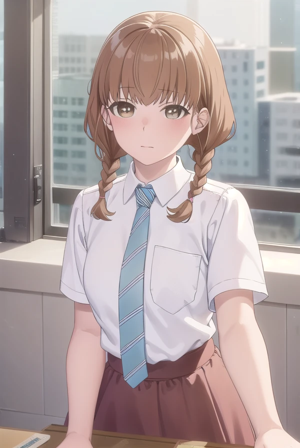 momokosudou, <lora:momoko sudou s1-lora-nochekaiser:1>,
momoko sudou, brown hair, (brown eyes:1.5), braid, twin braids,
BREAK skirt, shirt, school uniform, white shirt, short sleeves, necktie, striped, collared shirt, shirt tucked in, striped necktie,
BREAK indoors, classroom,
BREAK looking at viewer, (cowboy shot:1.5),
BREAK <lyco:GoodHands-beta2:1>, (masterpiece:1.2), best quality, high resolution, unity 8k wallpaper, (illustration:0.8), (beautiful detailed eyes:1.6), extremely detailed face, perfect lighting, extremely detailed CG, (perfect hands, perfect anatomy),