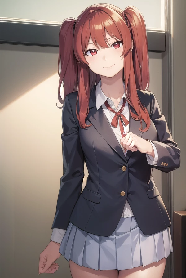 chihotoshima, <lora:chiho toshima manga-lora-nochekaiser:1>,
chiho toshima, long hair, (red eyes:1.3), red hair, two side up, smile, smug,
BREAK skirt, shirt, long sleeves, ribbon, school uniform, jacket, pleated skirt, socks, collared shirt, miniskirt, blazer,
BREAK indoors, classroom,
BREAK looking at viewer, (cowboy shot:1.5),
BREAK <lyco:GoodHands-beta2:1>, (masterpiece:1.2), best quality, high resolution, unity 8k wallpaper, (illustration:0.8), (beautiful detailed eyes:1.6), extremely detailed face, perfect lighting, extremely detailed CG, (perfect hands, perfect anatomy),