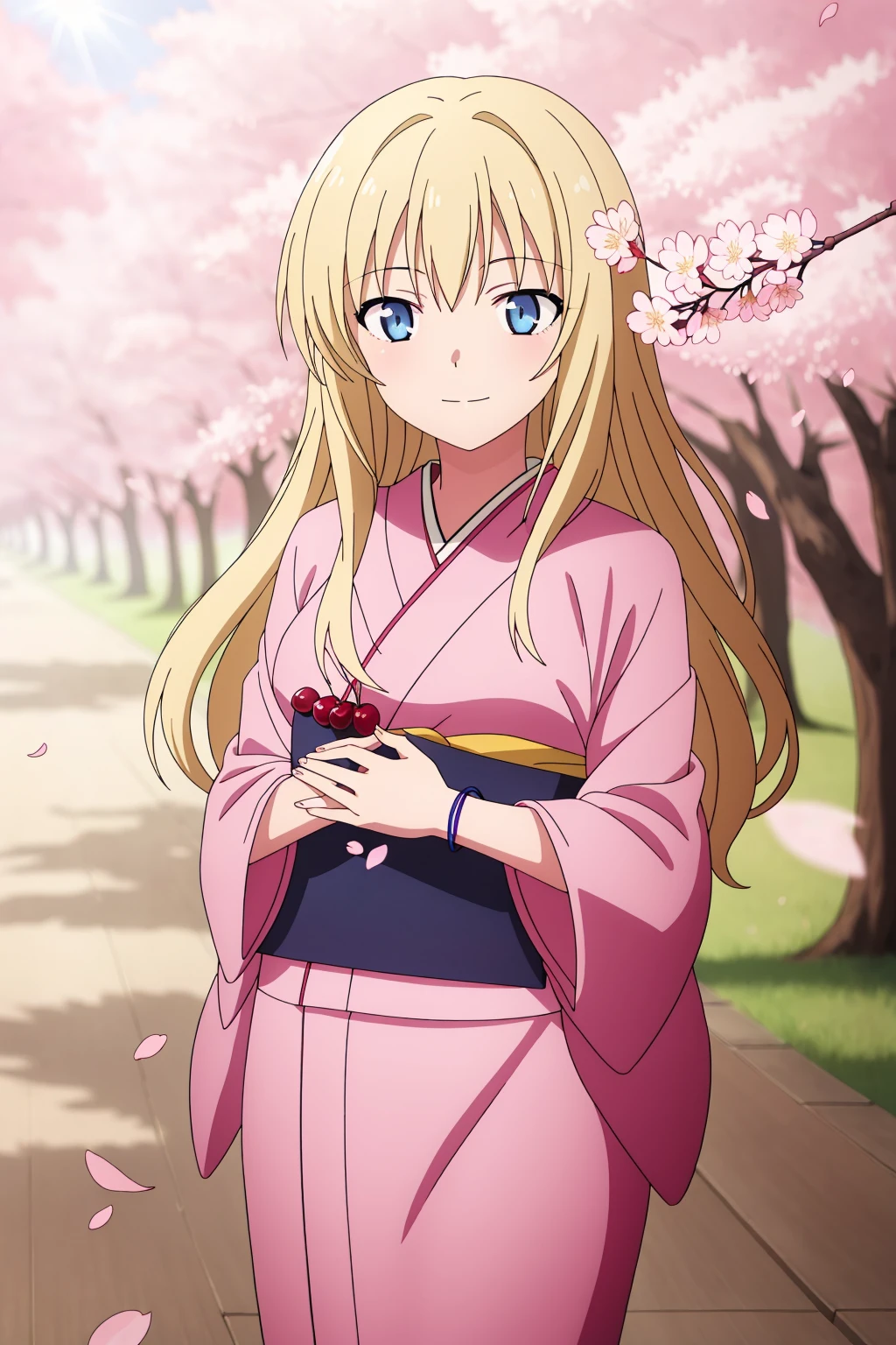 ((best quality)),((highly detailed)),masterpiece,absurdres,detailed face,beautiful face,(detailed eyes, deep eyes),1girl,((dynamic pose)) , <lora:Rita_V1.4:0.7>Rita, blonde hair, long hair, blue eyes, smile, cowboy shot, medium breast, standing, in front of cherry blossoms, (traditional kimono:1.3), (gentle breeze carrying petals:1.3), (cherry blossoms in full bloom:1.4), (soft sunlight filtering through branches:1.3), (tranquil expression:1.2), (petals falling around:1.3)