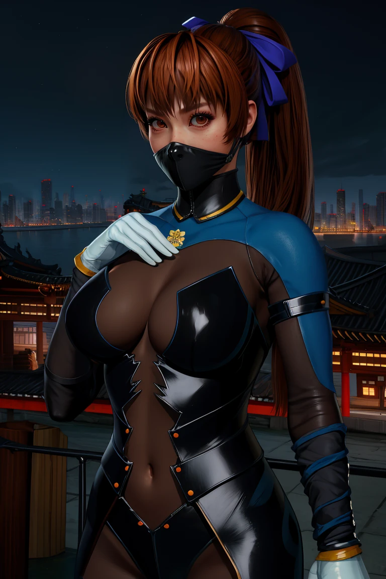 kasumi,brown eyes,brown hair,ponytail,blue hair ribbon,
black bodysuit,long sleeves,white gloves,skin tight,mouth mask,
standing,upper body,
night,city,temple,
(insanely detailed, masterpiece, best quality),<lora:kasumiDOA6:0.9>,