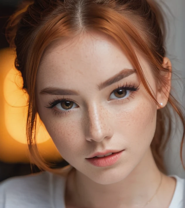 photo,8k,sharp focus,beautiful woman,close up,t-shirt,(detailed eyes:0.8),(looking at the camera:1.4),(highest quality),(best eyeshadow),brown eyes,rim lighting,two tone lighting,dimly lit,low key,intricate details,interior,ponytails,ginger hair:1.3,open mouth:0.7,freckles, photo, (realistic:1.3), 8k,