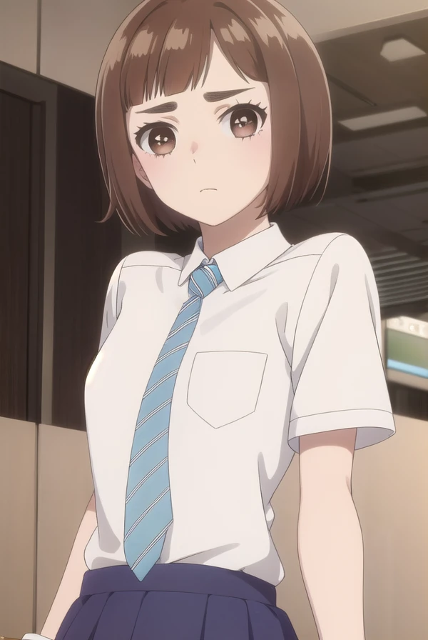 kazusaonodera, <lora:kazusa onodera s1-lora-nochekaiser:1>,
kazusa onodera, short hair, bangs, brown hair, (brown eyes:1.5), blunt bangs, bob cut, thick eyebrows,
BREAK skirt, shirt, school uniform, white shirt, short sleeves, necktie, striped, collared shirt, shirt tucked in, striped necktie,
BREAK indoors, classroom,
BREAK looking at viewer, (cowboy shot:1.5),
BREAK <lyco:GoodHands-beta2:1>, (masterpiece:1.2), best quality, high resolution, unity 8k wallpaper, (illustration:0.8), (beautiful detailed eyes:1.6), extremely detailed face, perfect lighting, extremely detailed CG, (perfect hands, perfect anatomy),