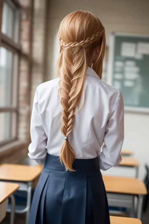 ltra-detailed,highly detailed,best quality,masterpiece,illustration,realistic,photorealistic,
1girl, solo, cosplay, 
yuuki asuna, school uniform, neck ribbon, jacket, collared shirt, skirt, 
long sleeves, buttons, 
long blonde hair, bangs, braid,hair slicked back, french braid,
looking at viewer, cowboy shot, standing, arms behind back, 
photo background, indoors, classroom, 
<lora:yuuki asuna_v1_05:0.6>