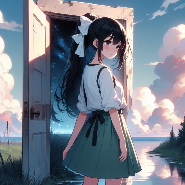 (((masterpiece))),  (((best quality))), (open door:1.05), (night sky inside frame:1.05), ((standing in water)), ((light black hair)), (((ponytail)), white shirt, green pleated skirt, (red thin bow), solo, 1girl, big tits, ribbon, shy, blush, slim figure, ((ruin)), (((cloud))), (((outdoor:1.3))), (((makoto shinkai style:1.3))), <lora:girllikeopendoor:1.1>,
