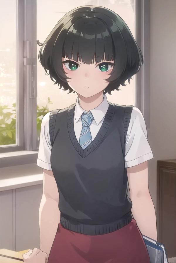 hitohahongou, <lora:hitoha hongou s1-lora-nochekaiser:1>,
hitoha hongou, short hair, bangs, black hair, (green eyes:1.3), blunt bangs,
BREAK shirt, school uniform, white shirt, short sleeves, necktie, sweater vest, blue necktie, skirt, red skirt,
BREAK indoors, classroom,
BREAK looking at viewer, (cowboy shot:1.5),
BREAK <lyco:GoodHands-beta2:1>, (masterpiece:1.2), best quality, high resolution, unity 8k wallpaper, (illustration:0.8), (beautiful detailed eyes:1.6), extremely detailed face, perfect lighting, extremely detailed CG, (perfect hands, perfect anatomy),