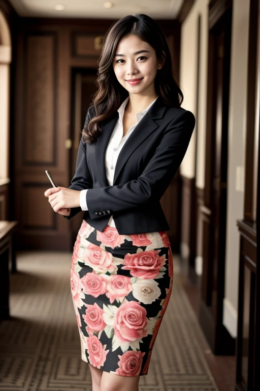 ((Masterpiece, best quality, cinematic lighting, 8k, full body shot)), (smile:0.85), (realistic background)
<lora:Floral_Office_Dress_By_Stable_Yogi:0.8> floral print, formal, suit, pencil skirt