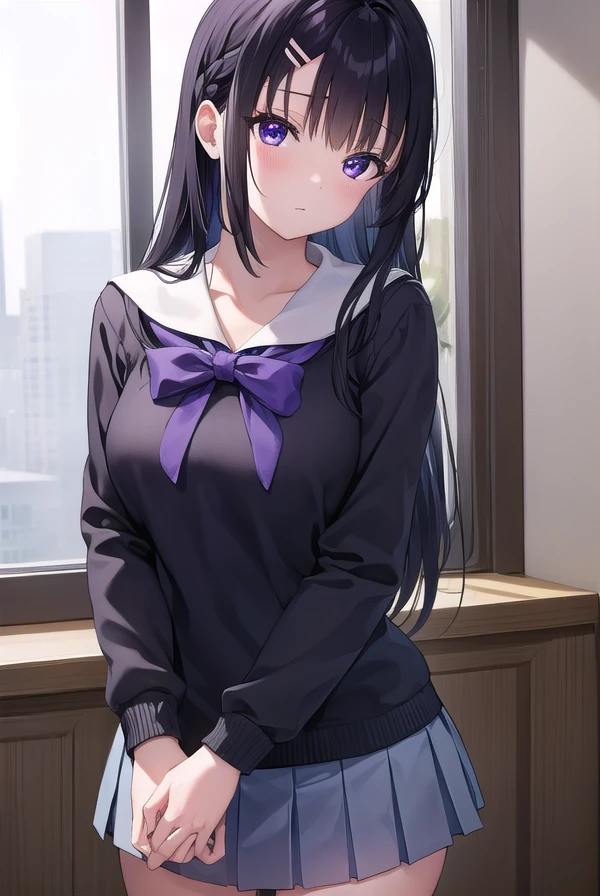 miyakoohtsuka, <lora:miyako ohtsuka manga-lora-nochekaiser:1>,
miyako ohtsuka, long hair, bangs, hair ornament, hairclip, black hair, (purple eyes:1.1),
BREAK skirt, long sleeves, school uniform, pleated skirt, serafuku, sailor collar,
BREAK indoors, classroom,
BREAK looking at viewer, (cowboy shot:1.5),
BREAK <lyco:GoodHands-beta2:1>, (masterpiece:1.2), best quality, high resolution, unity 8k wallpaper, (illustration:0.8), (beautiful detailed eyes:1.6), extremely detailed face, perfect lighting, extremely detailed CG, (perfect hands, perfect anatomy),