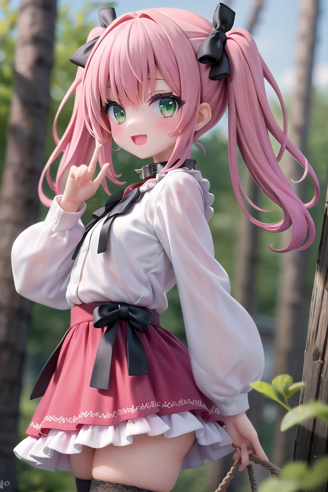 insanely detailed, absurdres, ultra-highres, ultra-detailed, best quality,
1girl, solo, nice hands, perfect hands
BREAK
jirai kei,thighhighs, skirt, twintails, pink skirt, collar, bow, black thighhighs, black bow, long hair, pink bow, hair bow, spiked collar
, (cleavage:-1.5)
BREAK
happy smile, laugh, open mouth
BREAK
from side,
standing, cowboy shot, looking at viewer
BREAK
slender, kawaii, perfect symmetrical face, ultra cute girl, ultra cute face, ultra detailed eyes, ultra detailed hair, ultra cute, ultra beautiful
BREAK
in forest, depth of field, ultra detailed background
BREAK
large breasts
BREAK
(red hair, green eyes), medium hair, hime cut