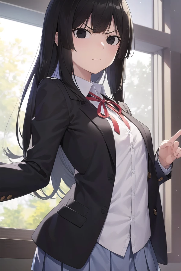meneamizuha, <lora:menea mizuha manga-lora-nochekaiser:1>,
mizuha, long hair, hime cut, black hair, (black eyes:1.5), angry, frown,
BREAK skirt, shirt, long sleeves, ribbon, school uniform, jacket, pleated skirt, socks, collared shirt, miniskirt, blazer,
BREAK indoors, classroom,
BREAK looking at viewer, (cowboy shot:1.5),
BREAK <lyco:GoodHands-beta2:1>, (masterpiece:1.2), best quality, high resolution, unity 8k wallpaper, (illustration:0.8), (beautiful detailed eyes:1.6), extremely detailed face, perfect lighting, extremely detailed CG, (perfect hands, perfect anatomy),