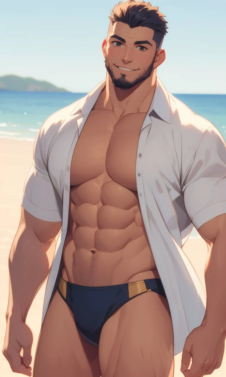 gay, bara , male swimwear, upper white (shirt:1.2), happy smile, muscular male, mature male, (beach:1.3), open shirt,