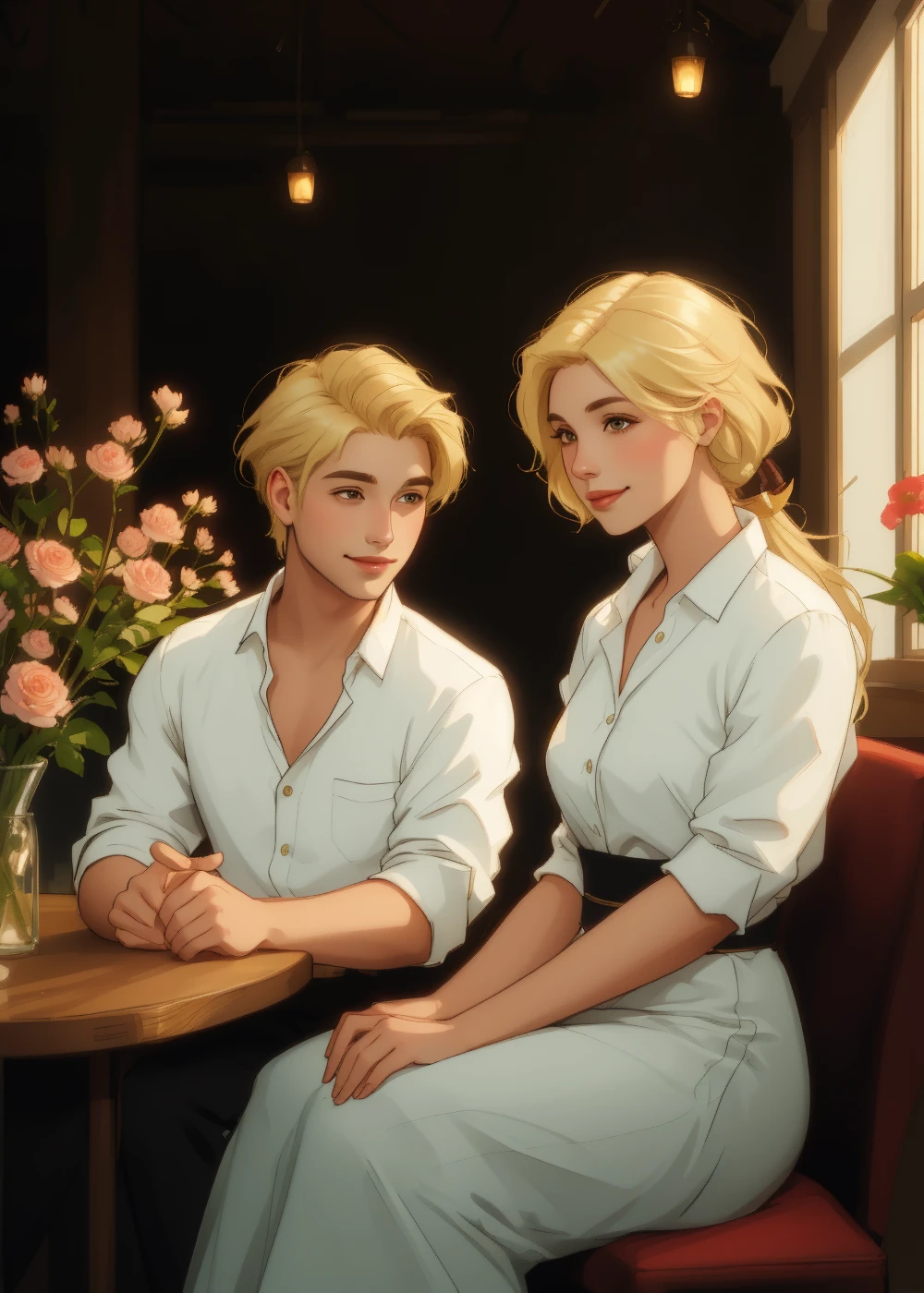 young female and male, blonde tail, <lora:side_glance_v4.6:0.7> (glance right:1.3), holding flowers, sitting, light smile
cafe, warm light, volumetric light