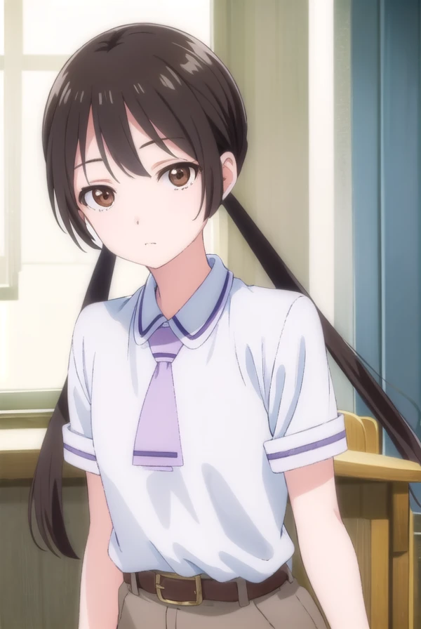 hanakohonda, <lora:hanako honda s1-lora-nochekaiser:1>,
hanako honda, long hair, black hair, twintails, (brown eyes:1.5), low twintails,
BREAK dress, school uniform, necktie, belt,
BREAK indoors, classroom,
BREAK looking at viewer, (cowboy shot:1.5),
BREAK <lyco:GoodHands-beta2:1>, (masterpiece:1.2), best quality, high resolution, unity 8k wallpaper, (illustration:0.8), (beautiful detailed eyes:1.6), extremely detailed face, perfect lighting, extremely detailed CG, (perfect hands, perfect anatomy),