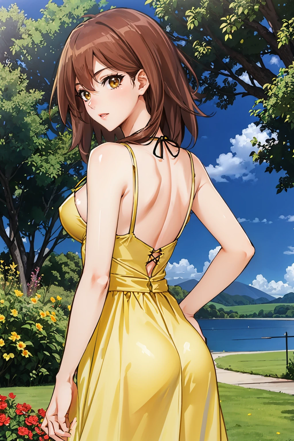 masterpiece, best quality, <lora:makuradajunko-nvwls-v1-000009:1> makurada junko, from behind, large breasts, yellow sundress, garden, looking back <lora:edgChamYellowSundress:1> edgYSD,woman wearing a yellow sundress