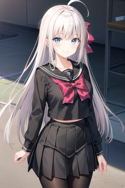 ((masterpiece)),(best quality),official art,extremely detailed CG,unity 8k wallpaper,ultra detailed,beautiful detailed eyes,extremely detailed face,1girl,solo,cowboy shot,looking at viewer,facing viewer,smile,ahoge,very long hair,sliver hair,hair bow,hair bow ribbon,sidelocks,bangs,blue eyes,school uniform,black sailor collar,pink bow,black serafuku,long sleeves,large breasts,black skirt,pleated skirt,black pantyhose,loafers,<lora:Ghost(pa):0.5>,