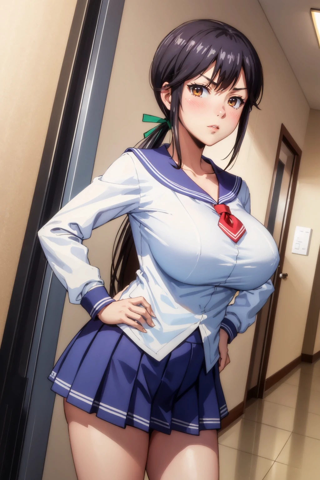 masterpiece, best quality, <lora:misumirin-nvwls-v1-000008:0.8> misumirin, low ponytail, hair ribbon, serafuku, long sleeves, white shirt, blue skirt, (huge breasts:0.9), blush, furrowed brow, looking at viewer, hallway, hand on hip