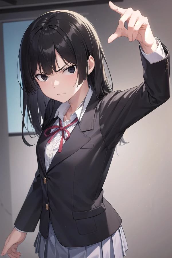 meneamizuha, <lora:menea mizuha manga-lora-nochekaiser:1>,
mizuha, long hair, hime cut, black hair, (black eyes:1.5), angry, frown,
BREAK skirt, shirt, long sleeves, ribbon, school uniform, jacket, pleated skirt, socks, collared shirt, miniskirt, blazer,
BREAK indoors, classroom,
BREAK looking at viewer, (cowboy shot:1.5),
BREAK <lyco:GoodHands-beta2:1>, (masterpiece:1.2), best quality, high resolution, unity 8k wallpaper, (illustration:0.8), (beautiful detailed eyes:1.6), extremely detailed face, perfect lighting, extremely detailed CG, (perfect hands, perfect anatomy),