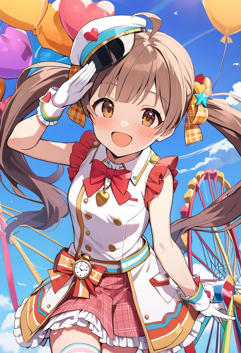 1girl, hakozaki serika, miracle railway, twintails, brown hair, brown eyes, open mouth, salute, smile, thighhighs, ahoge, white gloves, looking at viewer, long hair, balloon, :d, cloud, frills, day, rainbow, hair ribbon, hair bow, heart balloon, jewelry, blue sky, white legwear, blush, hair ornament, frilled skirt, idol, necklace, wrist cuffs, sailor hat, pink skirt, pink bow, zettai ryouiki, bird, red bow, ferris wheel, outdoors, whistle, peaked cap, mini hat, white headwear, striped legwear, solo, cloudy sky, plaid skirt, whistle around neck, red bowtie, heart ornament, white shirt, sleeveless shirt, collared shirt, star ornament, plaid bow, pocket watch, masterpiece, best quality <lora:hakozaki_serika_sdxl_locon_v1:0.7>