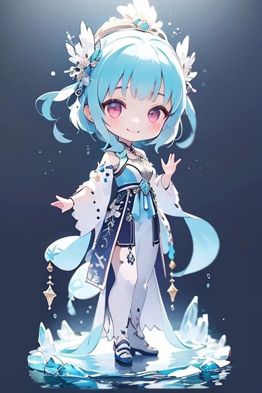 1girl,idol,chibi,formal_dress,smile,standing,highres,simple_background,full_shot,<lora:lbc_Q_ban:0.8>,beautiful detailed glow,(detailed ice),beautiful detailed water,