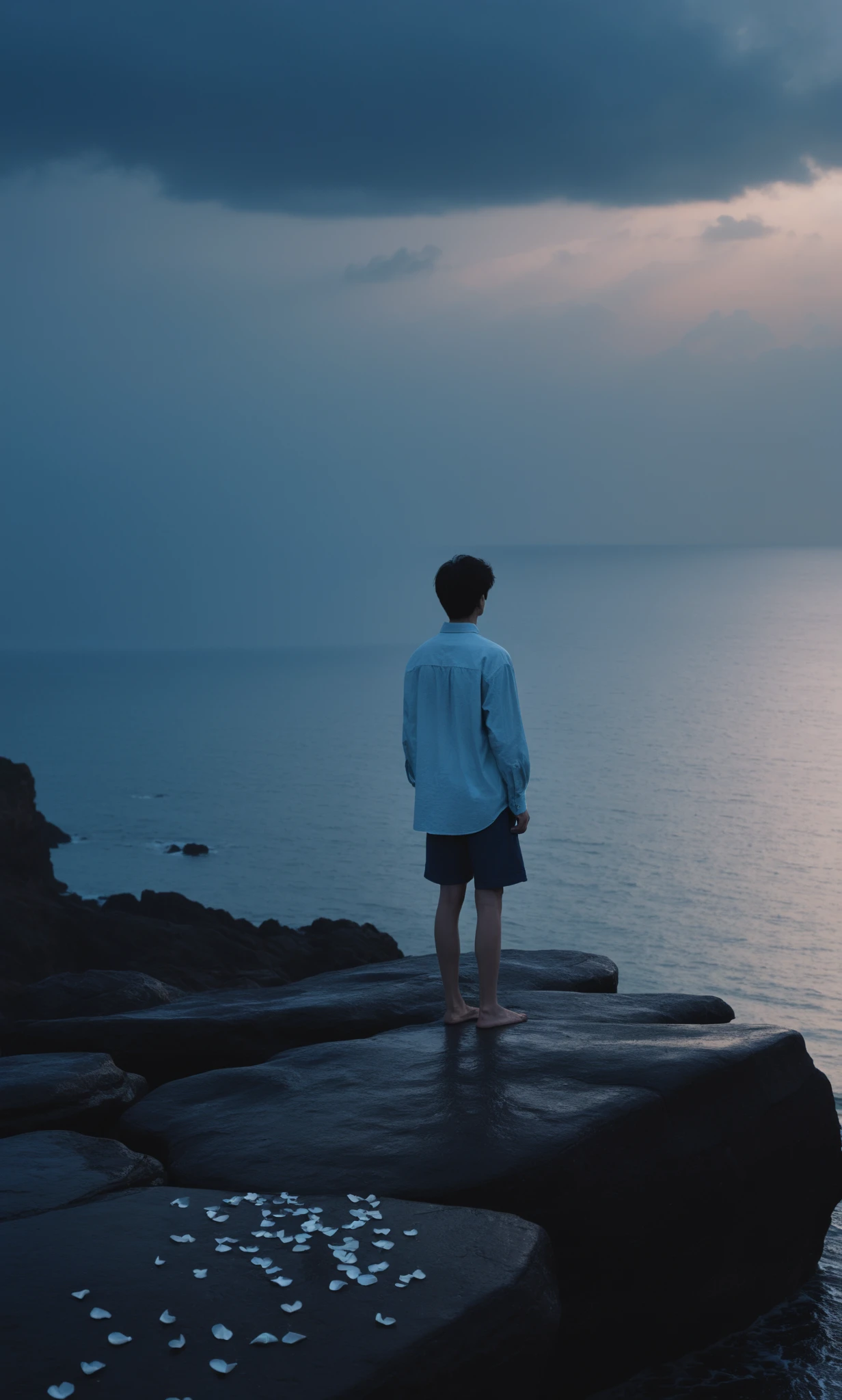 md style, Person standing on rocks, seashore, dusk, blue tone, melancholic atmosphere, long-sleeve shirt, shorts, looking at horizon, sky with clouds, single person, outdoor, scattered petals, calm sea, rocks, serene, vertical composition, solitary figure.