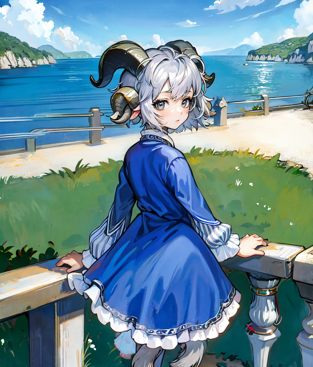 masterpiece, high res, detailed face, detailed eyes, anime screencap, 1 girl, seen from behind, nostalgic, short hair, grey hair, grey eyes, looking at horizon, cliff, goat horns, goat legs, faun, blue dress, cowboy shot, full body, outdoors <lora:Yohn:1>