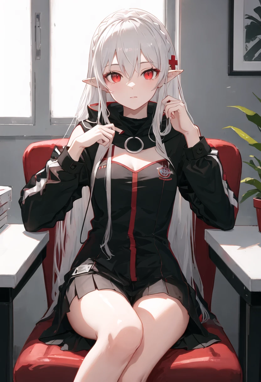 pale skin,dark风,wearing leg rings,long white hair,black eye shadow,red eyes,Abstinence,dark,goat horn,sickle,grim Reaper,sitting,camel toe