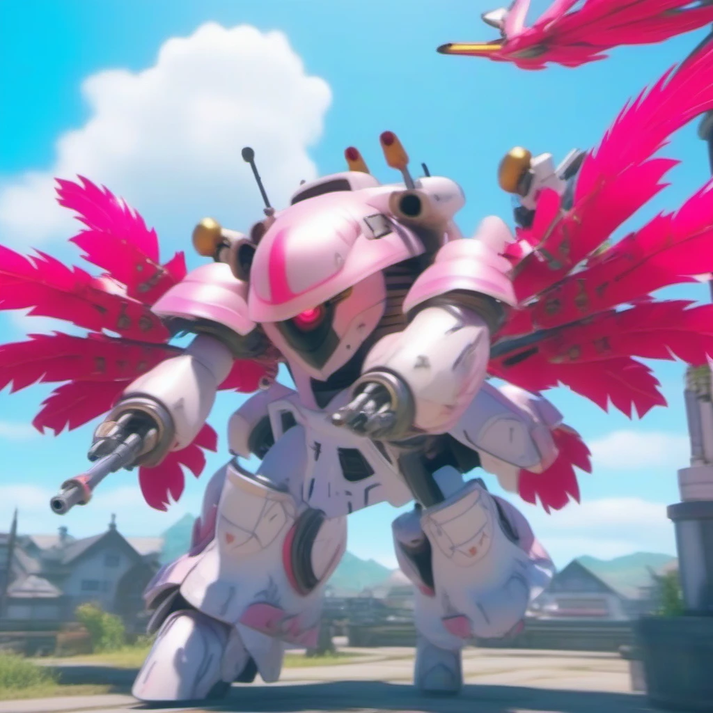 Ultra-realistic extremely detailed real life 8k masterpiece of a beautifully angelic white and pink holy mech of love with angel wings saving a village, epic background, extremely detailed eyes mouth and facial features, breathtaking epic lighting, cinematic composition, sakura wars style <lora:sakura wars style:1>