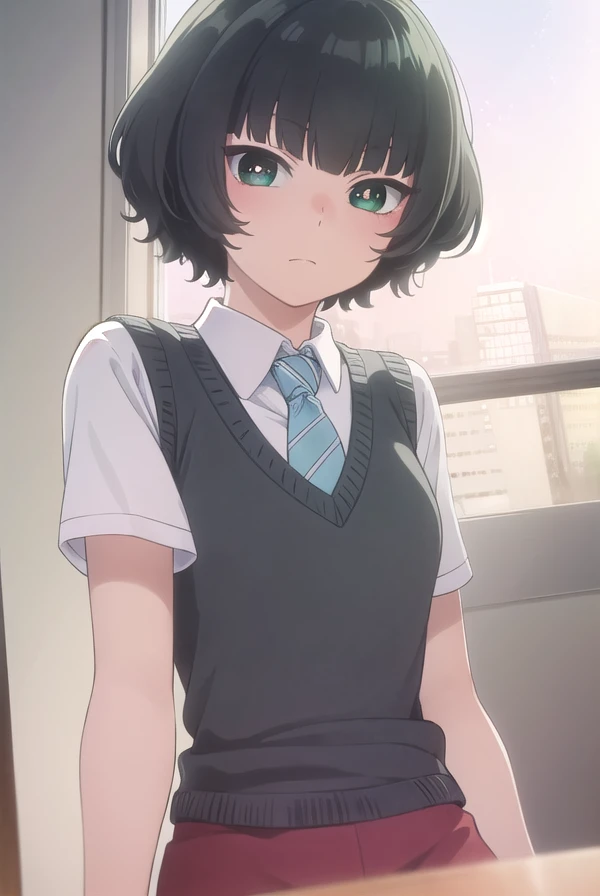 hitohahongou, <lora:hitoha hongou s1-lora-nochekaiser:1>,
hitoha hongou, short hair, bangs, black hair, (green eyes:1.3), blunt bangs,
BREAK shirt, school uniform, white shirt, short sleeves, necktie, sweater vest, blue necktie, skirt, red skirt,
BREAK indoors, classroom,
BREAK looking at viewer, (cowboy shot:1.5),
BREAK <lyco:GoodHands-beta2:1>, (masterpiece:1.2), best quality, high resolution, unity 8k wallpaper, (illustration:0.8), (beautiful detailed eyes:1.6), extremely detailed face, perfect lighting, extremely detailed CG, (perfect hands, perfect anatomy),