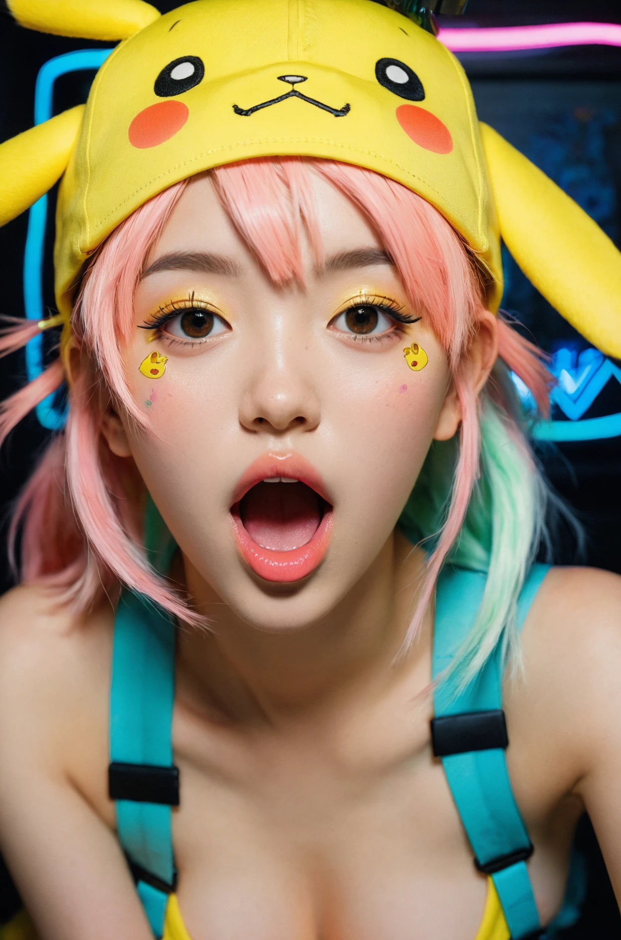 anime_artwork,grand_photograph,1girl with pikachu cap,ahegao,open mouth,from above,neon_glowing_hair,canon_5d_mark_4,neon_light,kodak_ektar,flamboyant,pastel_colors,curved_lines,elaborate_detail,art by j.c. leyendecker,nsfw,