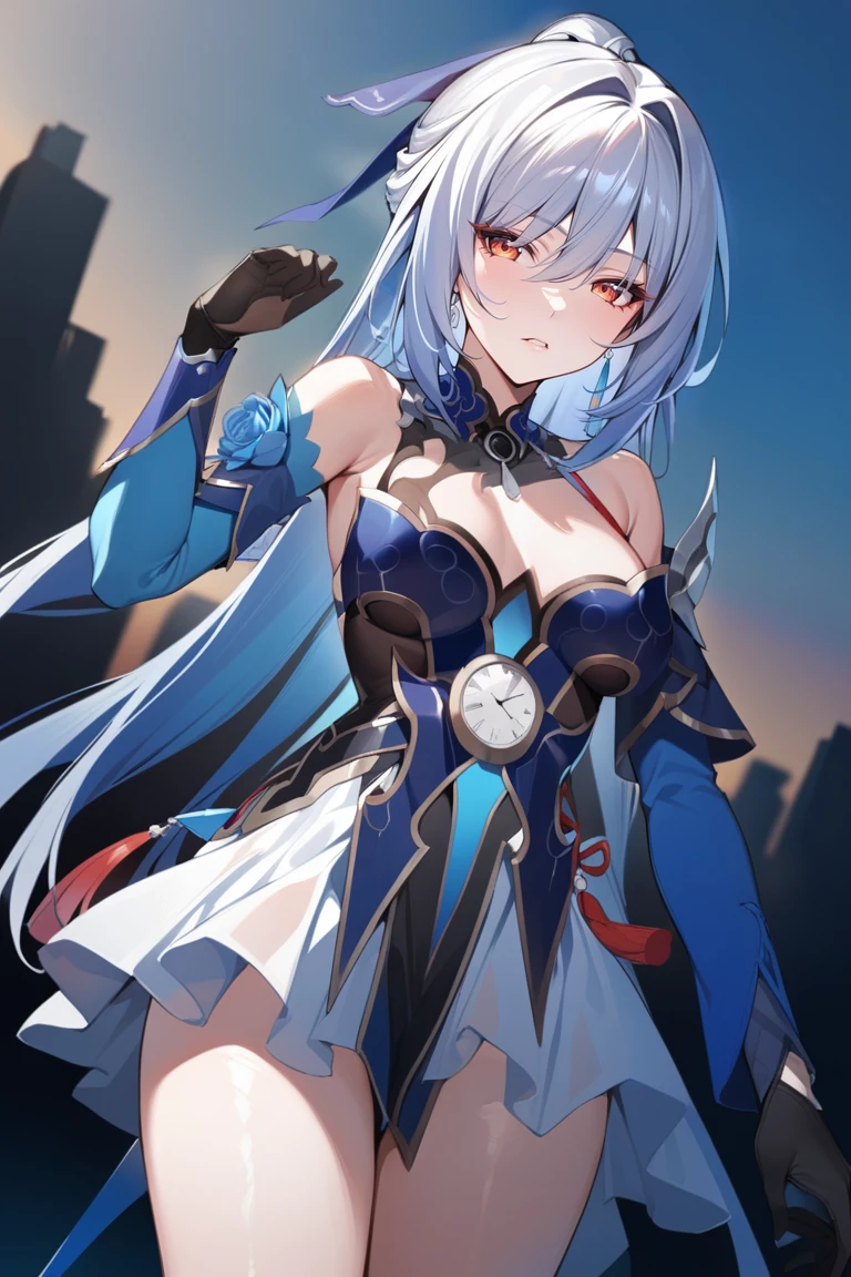 1girl, jgsd, thorn leotard, white skirt, tassels, hair ribbon, gloves, blue sleeves, ((best quality:1.2, masterpiece:1.2)), dynamic angle highly detail, rating: explicit,nsfw, mile shoot, , portrait, <lora:JingliuXLHS:1>, see-through, see-through silhouette, transparent skirt, abstract background, hand up, frown, tied, blush