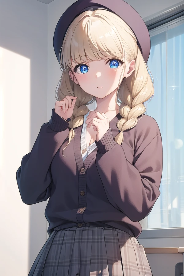 heriohanamori, <lora:herio hanamori manga-lora-nochekaiser:1>,
hanamori, long hair, bangs, braid, twin braids, blue eyes, blonde hair,
BREAK skirt, shirt, hat, cardigan,
BREAK indoors, classroom,
BREAK looking at viewer, (cowboy shot:1.5),
BREAK <lyco:GoodHands-beta2:1>, (masterpiece:1.2), best quality, high resolution, unity 8k wallpaper, (illustration:0.8), (beautiful detailed eyes:1.6), extremely detailed face, perfect lighting, extremely detailed CG, (perfect hands, perfect anatomy),