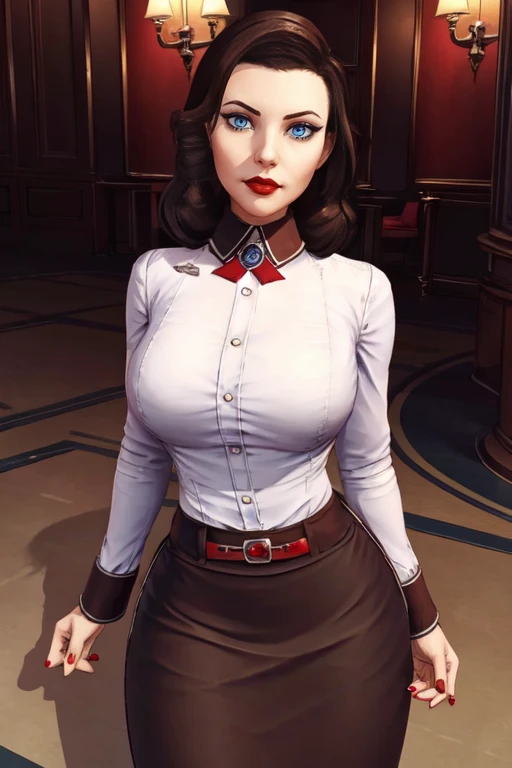 masterpiece,best quality,extreme detail,8k,<lora:elizabeth2:0.6>,elizabeth2,1girl,solo,looking at viewer,skirt,brown hair,shirt,belt,nail polish,lips,blue eyes,makeup,lipstick,red nails,wide hips,large breasts,