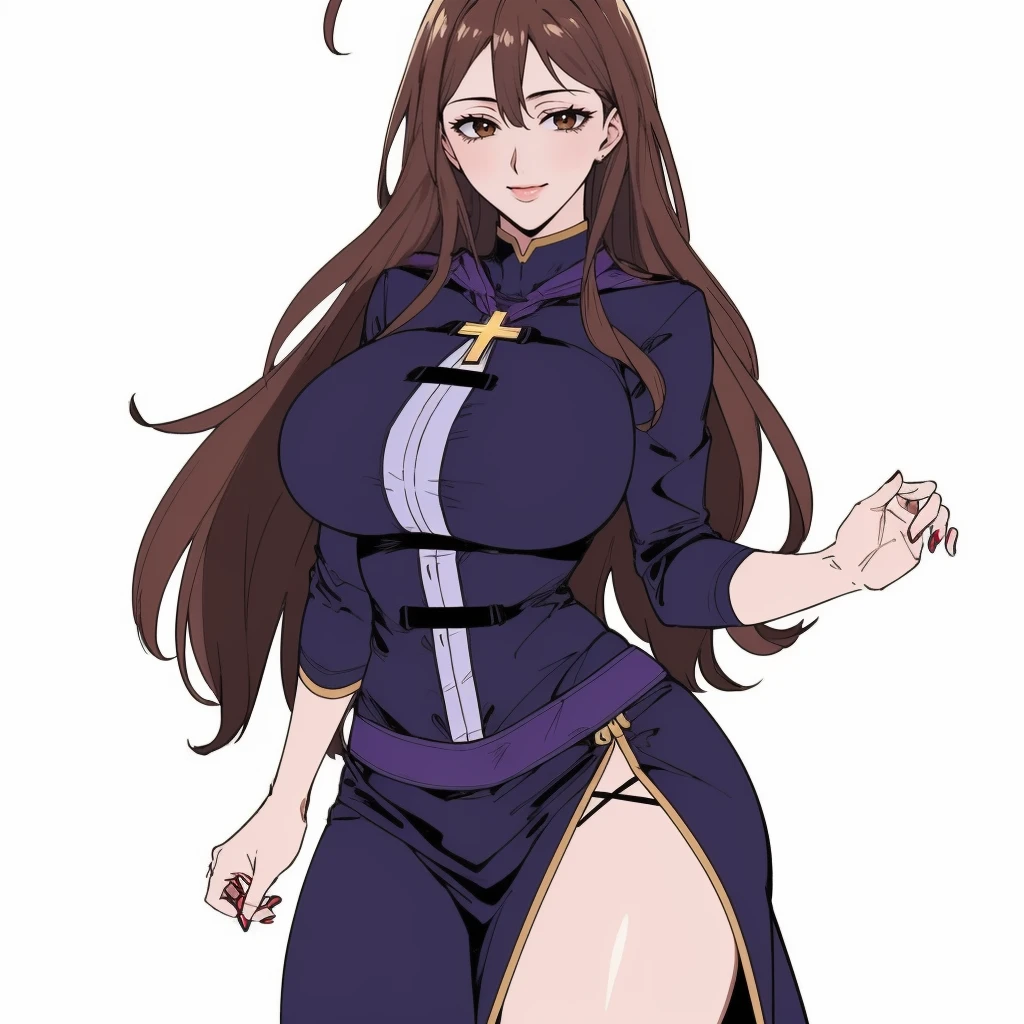 (masterpiece, best quality:1.3), Mesuki_Peropero, 1girl, solo, looking at viewer, wide hips, mature female, simple background, closed mouth, seductive smile, large breasts, cowboy shot, thick thighs, <lora:Mesuki_Peropero Style Lora:.85>, wizdef, brown hair, long hair, ahoge, brown eyes, dress, purple dress, cross, <lora:Wiz - Konosuba v1:.8>