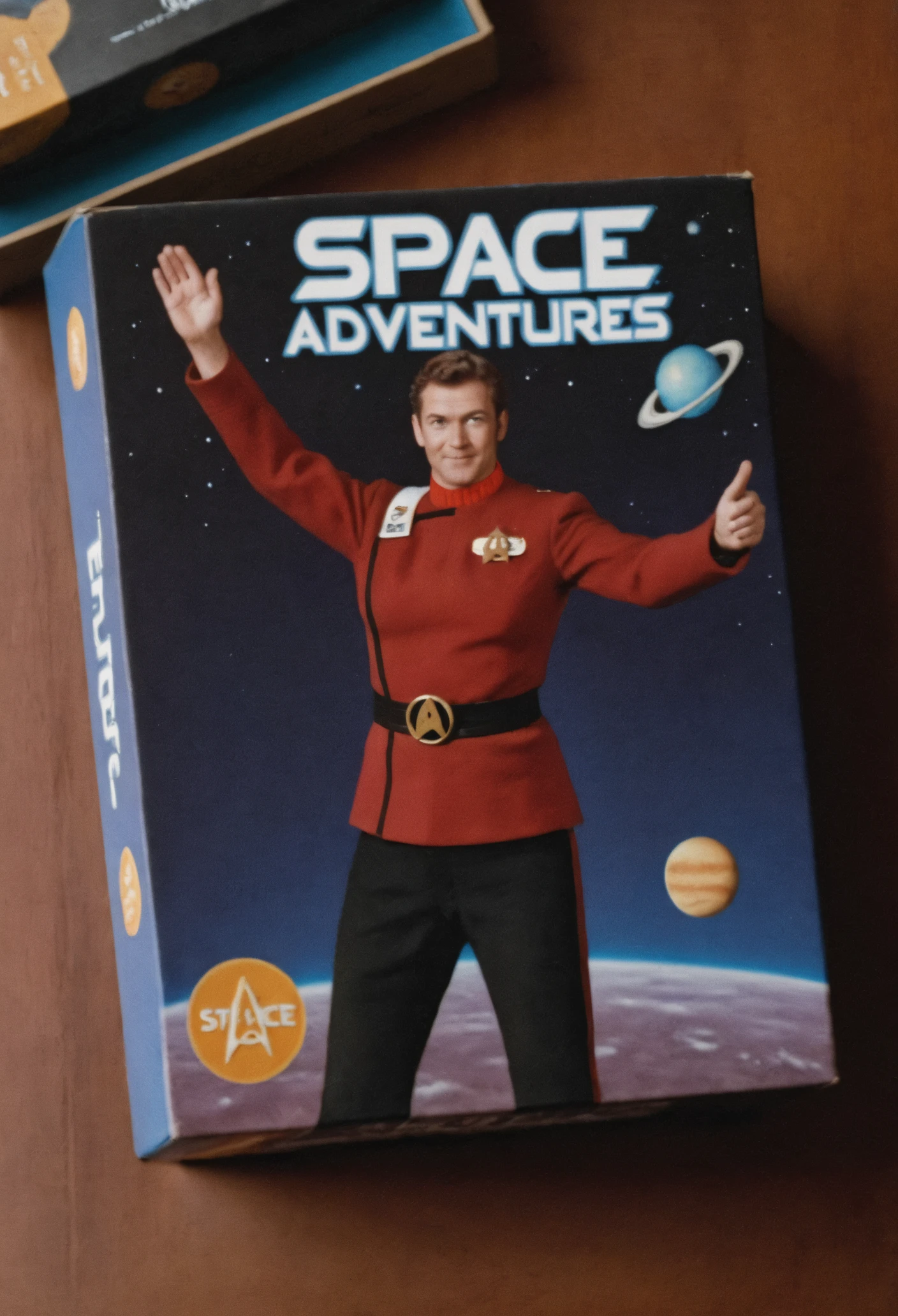 boardgame box on a table,game named "SPACE ADVENTURES",person in (twokunf red uniform with black pants:1.35) on the cover<lora:TWOKXL:0.8>
