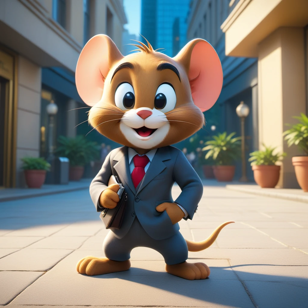 (cute jerry the beige mouse (Tom & jerry)) ,  dressed in a business suit with a briefcase in his hands, he takes a selfie on a smartphone outside the building of an expensive beautiful hotel, adorable_eyes, mischievous_smile, charming_outfit, fluffy_pet, kawaii_pose, masterpiece, best quality, highly detailed, sharp focus, dynamic lighting, vivid colors, texture detail, particle effects, storytelling elements, narrative flair, 16k, UE5, HDR, subject-background isolation, dynamic scene, at night