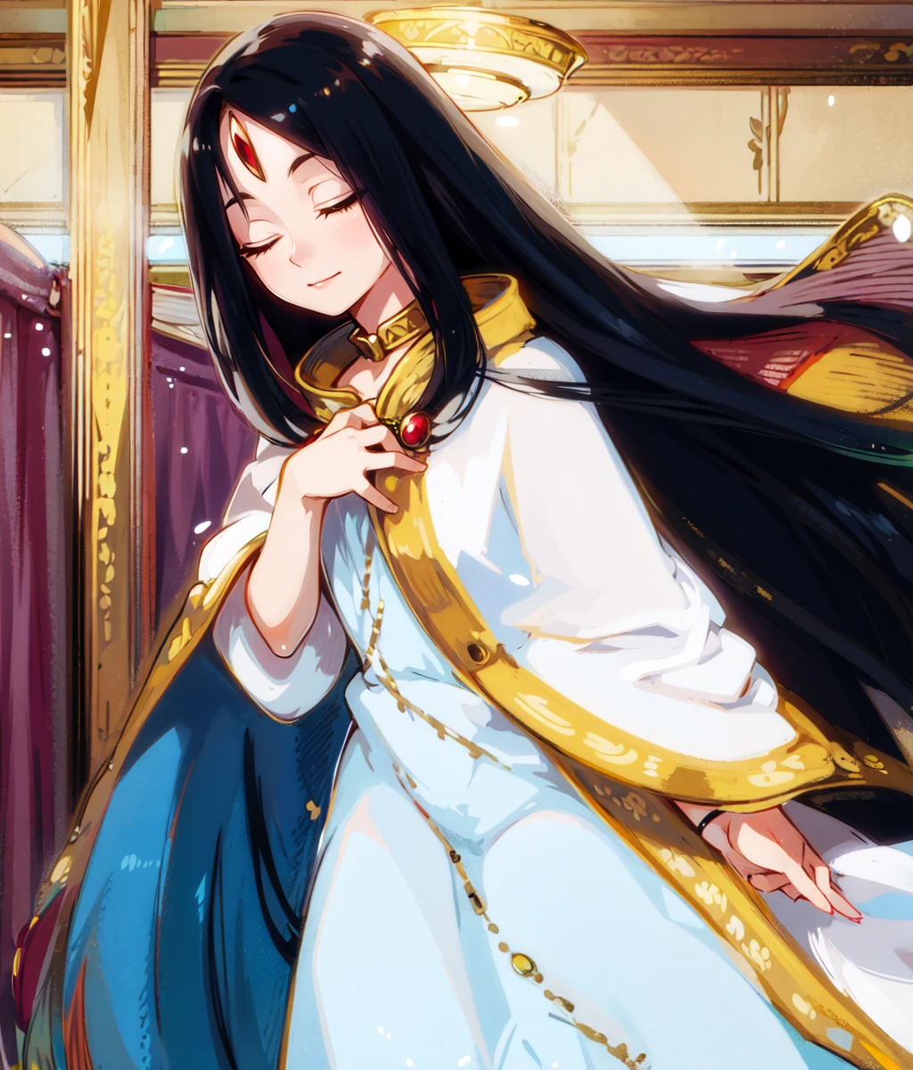 masterpiece, high res, detailed face, detailed eyes, anime screencap, 1 girl, long hair, black hair, eyes closed, forehead jewel, white tunic, blue beams of light, indoors, full body, floating, cowboy shot <lora:Leknaat:1>