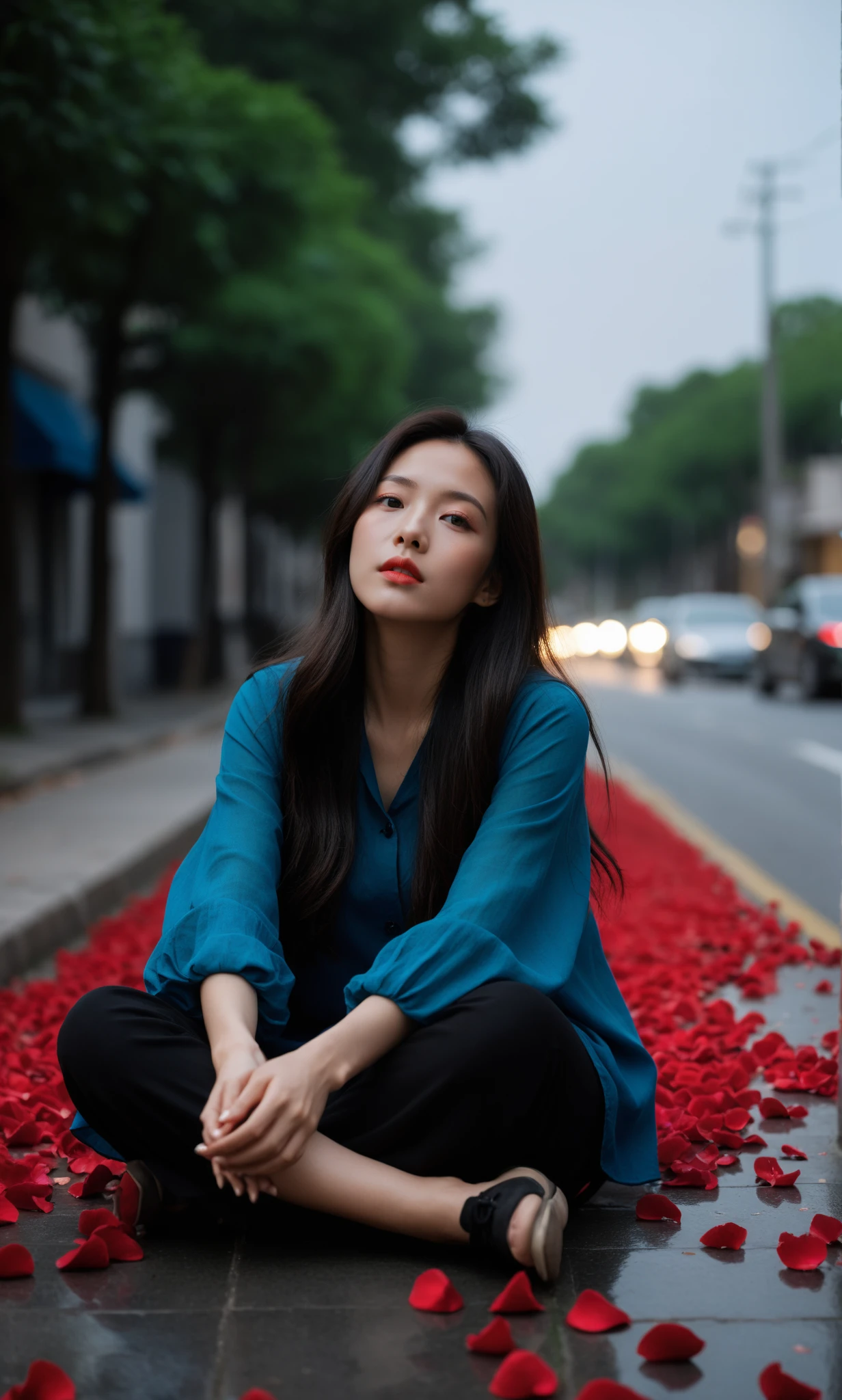 md style, Asian female, sitting, rose petals, roadside, dusk, blue shirt, long hair, melancholic expression, red flowers, green foliage, contemplative pose, outdoor, natural light, moody atmosphere, blurred background, street curb, dark tones.