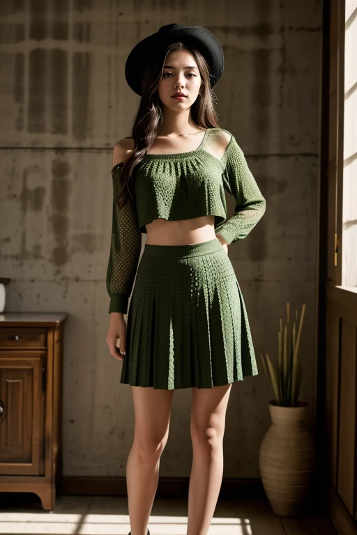 1girl, long hair, y, cinematic lighting, masterpiece, high quality, best quality, 1080p, 8k, full body shot
<lora:Crochet_Top_Overhang_By_Stable_Yogi:0.8> green crochet shirt, crop top overhang, pleated skirt, collarbone, cowboy shot