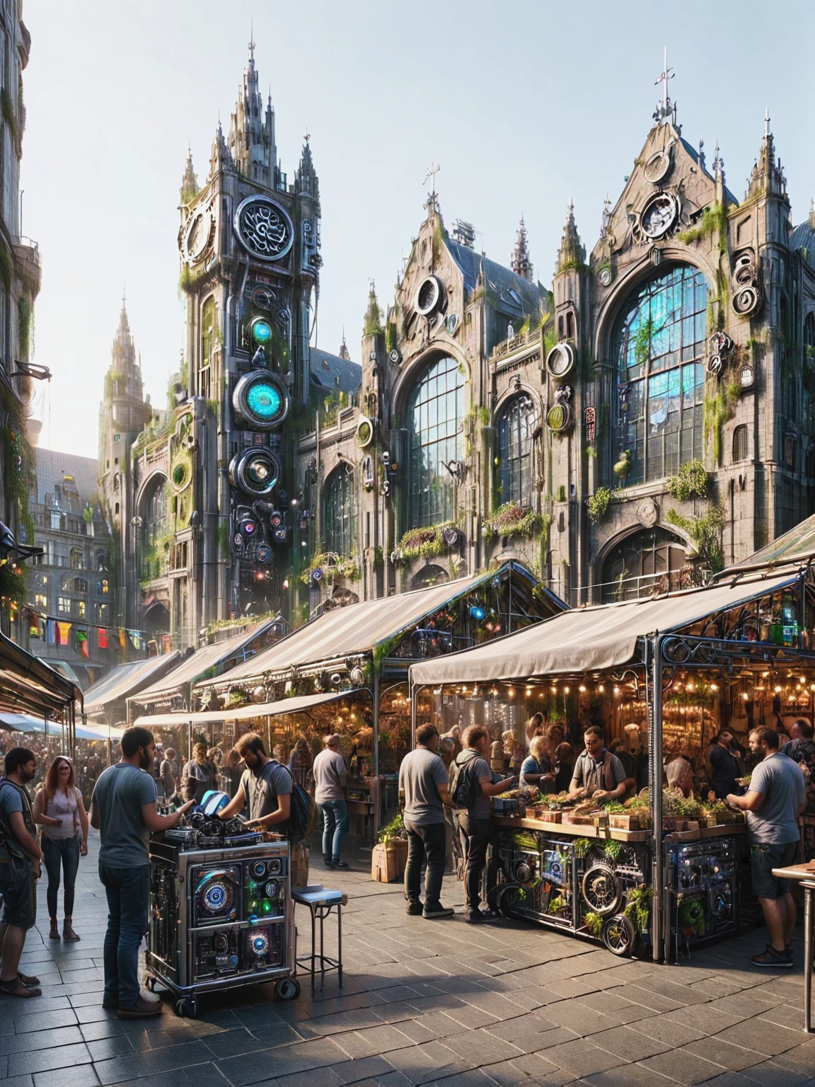 ais-postdyz market square, buzzing with vendors and varied citizens, amongst stalls displaying curious gadgets and holographic artworks <lora:After_Mech_Dyst:1>