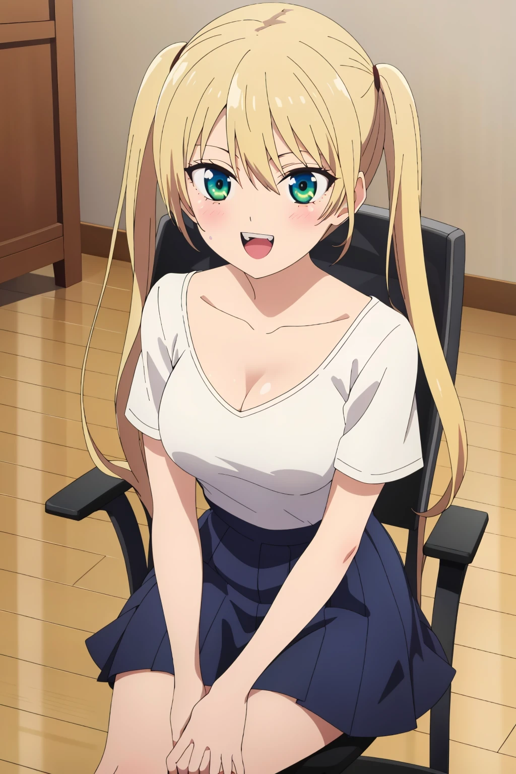 ((best quality)),((highly detailed)),masterpiece,absurdres,detailed face,beautiful face,(detailed eyes, deep eyes),1girl,((dynamic pose)) ,<lora:mirikaV1.4-000009:0.7>mirika, blonde hair, solo, green eyes, twintails, breasts, sitting, shirt, open mouth, cleavage, white shirt, smile, looking at viewer, long hair, chair, holding, wooden floor, skirt, collarbone, phone, short sleeves, hair between eyes, bangs, :d, blush, cellphone,teeth, indoors