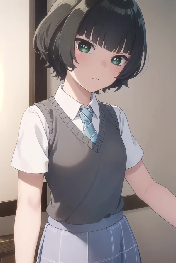 hitohahongou, <lora:hitoha hongou s1-lora-nochekaiser:1>,
hitoha hongou, short hair, bangs, black hair, (green eyes:1.3), blunt bangs,
BREAK shirt, school uniform, white shirt, short sleeves, necktie, sweater vest, blue necktie, skirt, red skirt,
BREAK indoors, classroom,
BREAK looking at viewer, (cowboy shot:1.5),
BREAK <lyco:GoodHands-beta2:1>, (masterpiece:1.2), best quality, high resolution, unity 8k wallpaper, (illustration:0.8), (beautiful detailed eyes:1.6), extremely detailed face, perfect lighting, extremely detailed CG, (perfect hands, perfect anatomy),