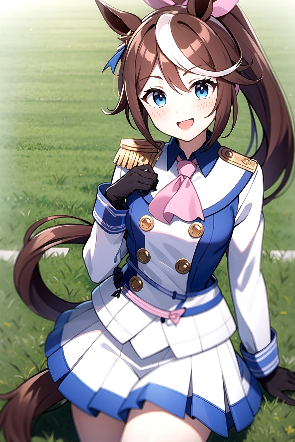 <lora:ToukaiTeio-05:0.8>, EBToukaiTeio, 1girl, solo, long hair, looking at viewer, blush, smile, open mouth, blue eyes, skirt, simple background, brown hair, gloves, long sleeves, ribbon, animal ears, jacket, tail, hair ribbon, ponytail, white hair, :d, pleated skirt, teeth, black gloves, white gloves, miniskirt, streaked hair, ascot, buttons, upper teeth only, white jacket, white skirt, horse ears, high ponytail, horse girl, multicolored clothes, horse tail, pink ribbon, epaulettes, double-breasted, asymmetrical gloves, multicolored jacket, mismatched gloves, two-tone skirt, two-tone jacket, pink ascot, single epaulette, outdoors, stadium, blue sky, day, grass