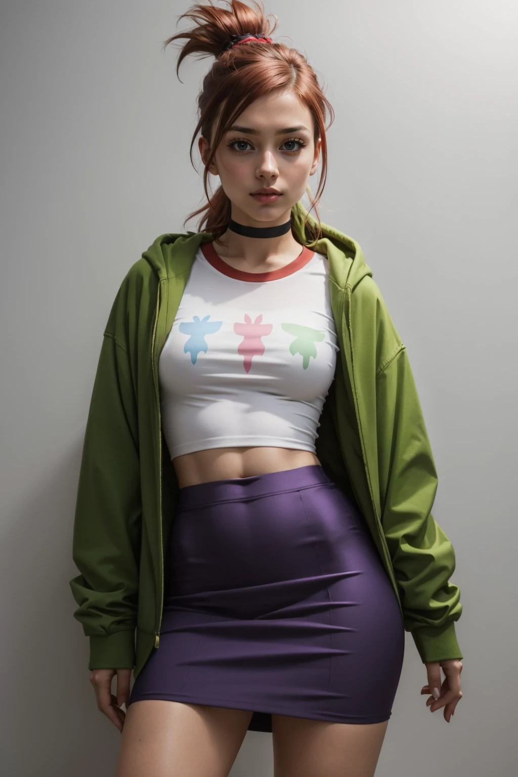 masterpiece, best quality, 1girl, solo, looking at viewer, breasts,  <lora:frankiefoster-guy-301:1>, frankiefoster, ponytail, choker, hairclip, hair ornament, shirt, green jacket, piercing, midriff, skirt, simple background, white background, purple skirt,