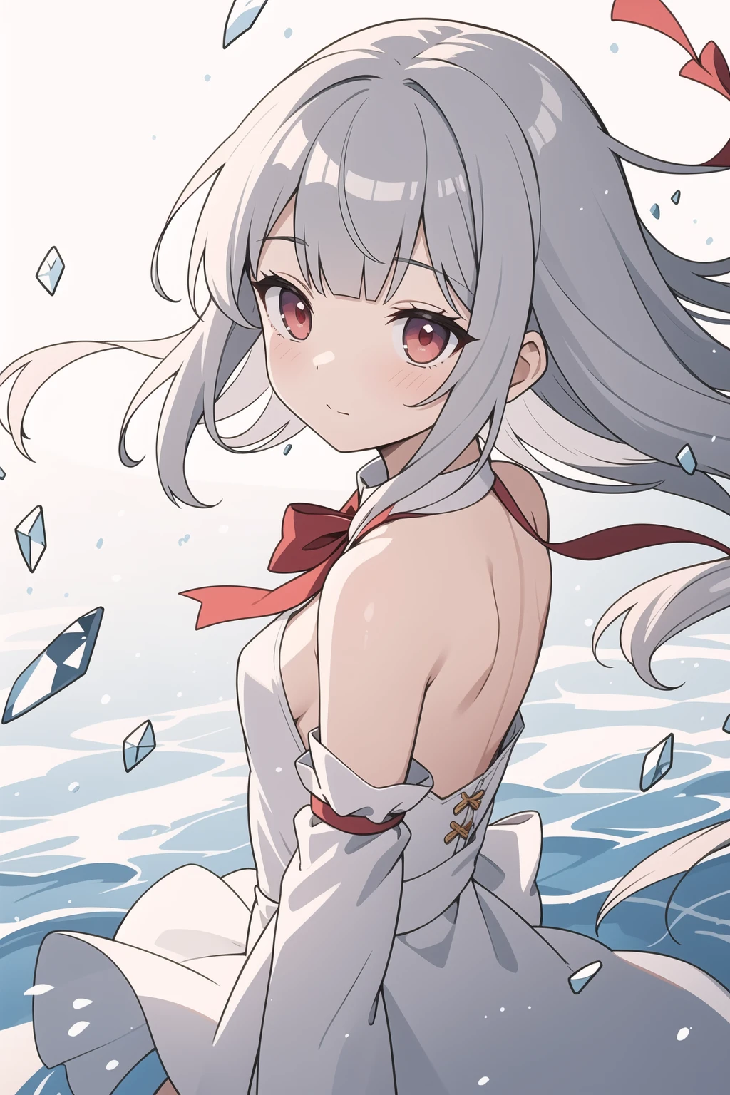 Brilliant light and shadow,Back lit,1girl, side blunt bangs,hairs between eyes,Red eyes,delicate face, ribbons,White Dress, bowties, buttons, bare shoulders,Detached Sleeve,(small breast), ((breeze)), Flying splashes,wind,Long flowing hair,(Broken glass),Grey hair,The flying water,Hair covering your body,The flying red ribbon, (Ink painting style), [:(Delicate arms and hands):0.8]