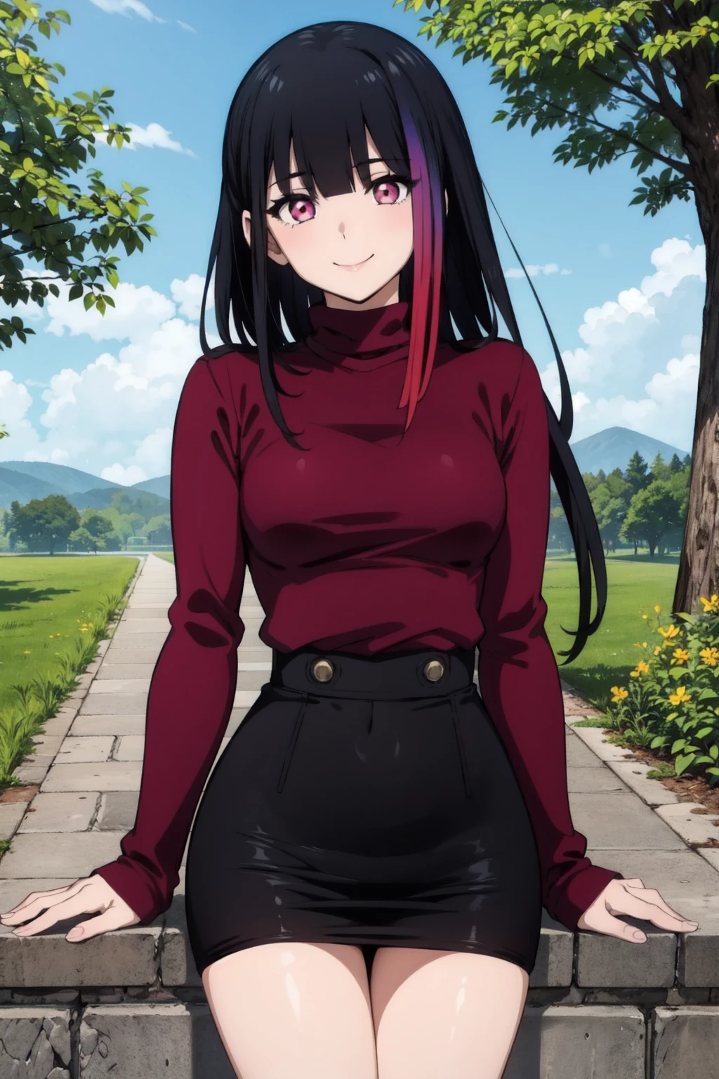 rouge redstar,1girl, solo, long hair,black hair,streaked hair, pink eyes, red sweater, black pencil skirt, blunt bangs, looking at viewer,seductive smile, cowboy shot,stone wall,small breasts, (best quality, masterpiece),blue sky,tree, thigh <lora:rougue_redstar_v0_5_prod:1>