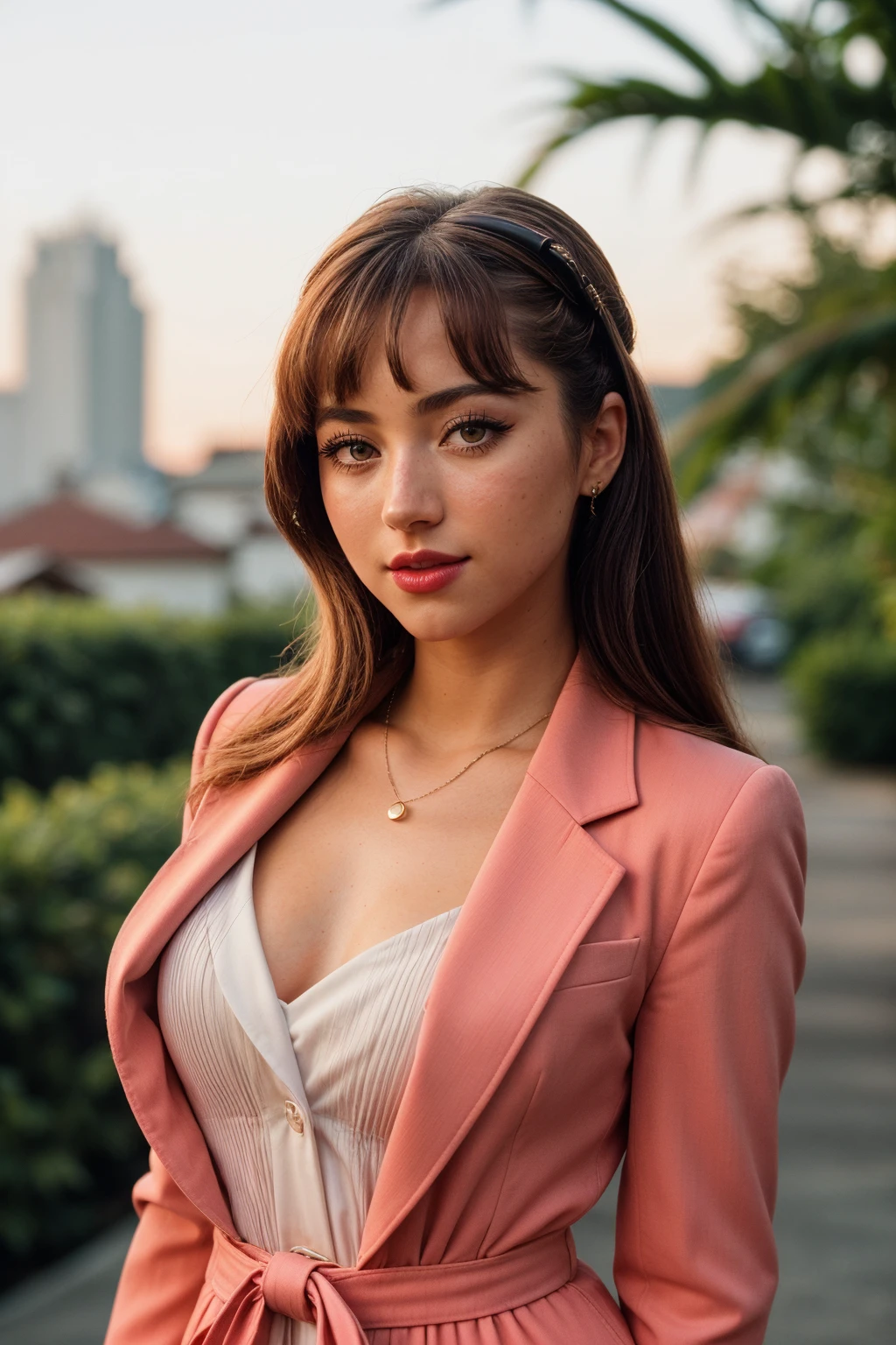 photo of (EPJ4n1c3R1v3r4:0.99), closeup portrait, perfect hair, (modern photo, Flight attendants in bold coral uniforms, showcasing a tailored dress, matching blazer, and coordinating accessories.), hairclip,  24mm, (analog, cinematic, film grain:1.3), (([celestial robotics and ai lab, nanoceramic coatings,wood shingles or shake roof,travertine stone,steel, sunlight, gobo lighting| town, suburbs], gradient:1.1)), ((detailed eyes)), ((eyeliner, long lashes)), (epicPhoto), long eyelashes, (perfect waist), (lipstick)